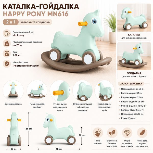 Каталка-качалка детская Happy Pony MN616 2 в 1 со съемной качели и колесами PP для детей от 1 года Мятный 3079026205 фото