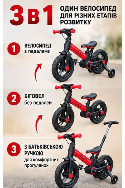 Дитячий велосипед-біговел 3в1 Sport з батьківською ручкою, від 2 років 12" колеса червоний 3190321815 фото